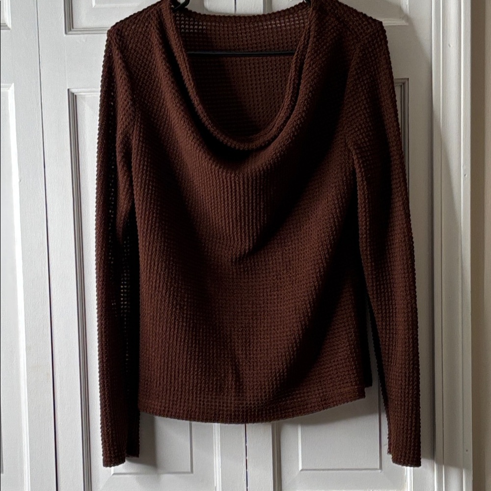 Brown Waffle Knit Cowl-Neck Sweater sz L